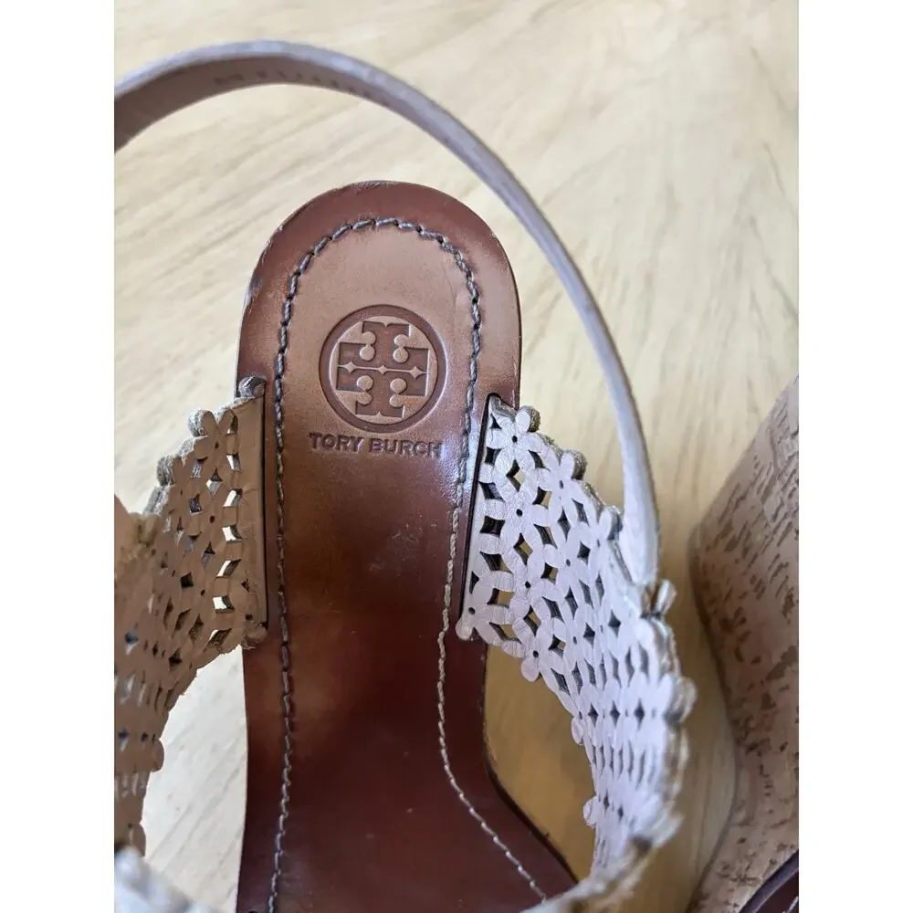 Tory Burch Wedge Sandals Womens 10 Gold Tan Laser-Cut Slingback Cork Platform